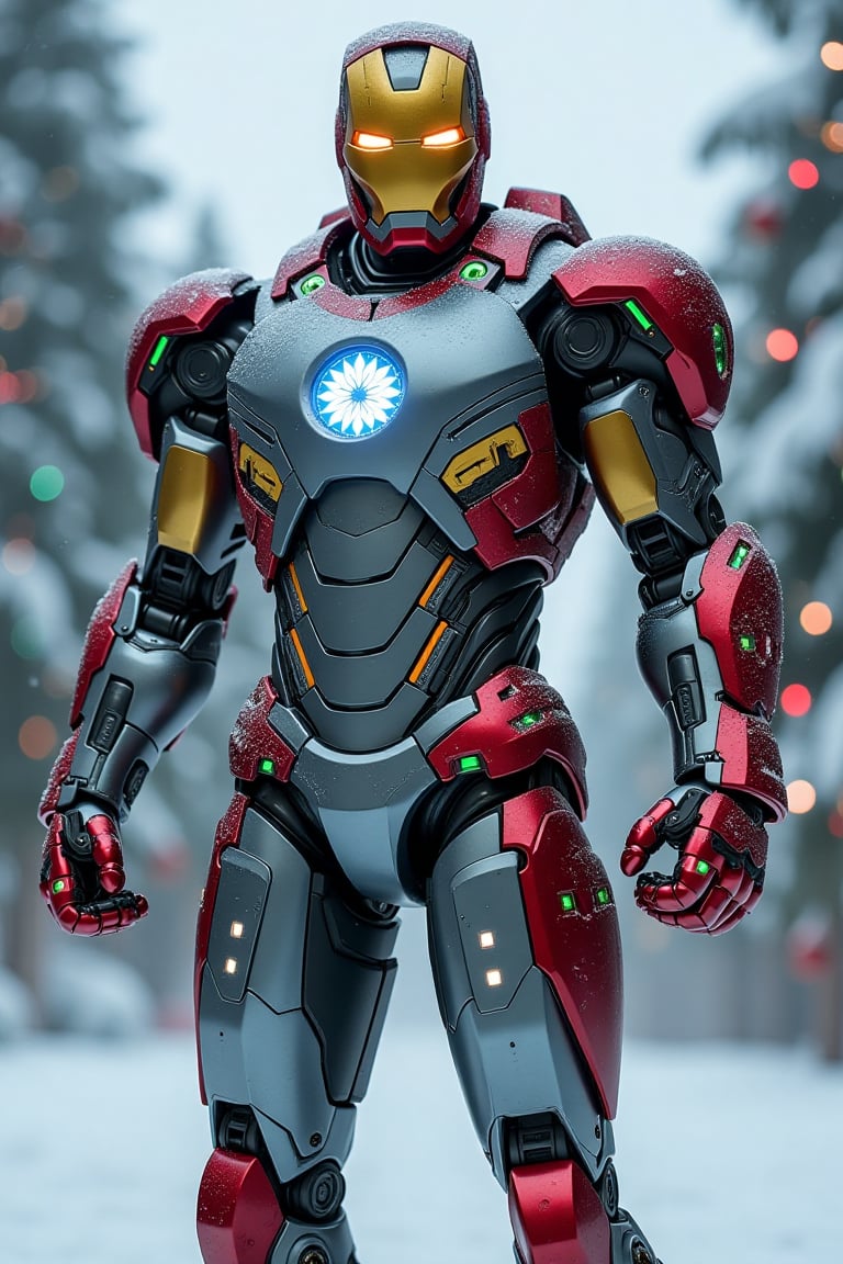 A futuristic,  mechanized Iron Man inspired by Christmas themes,  standing boldly in a snowy landscape. The suit is crafte...