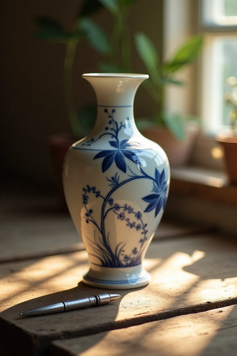 A delicate porcelain vase painted with intricate blue designs sits atop a rustic wooden table. The vase is softly lit by w...