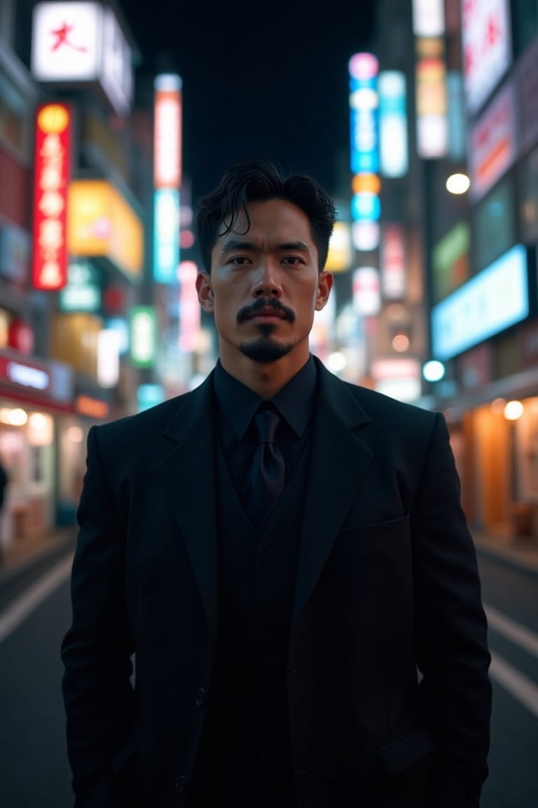 Cinematic,  photorealistic of a handsome yakuza standing in the middle street of Shinjuku,  facial hair by LambArt on Tens...