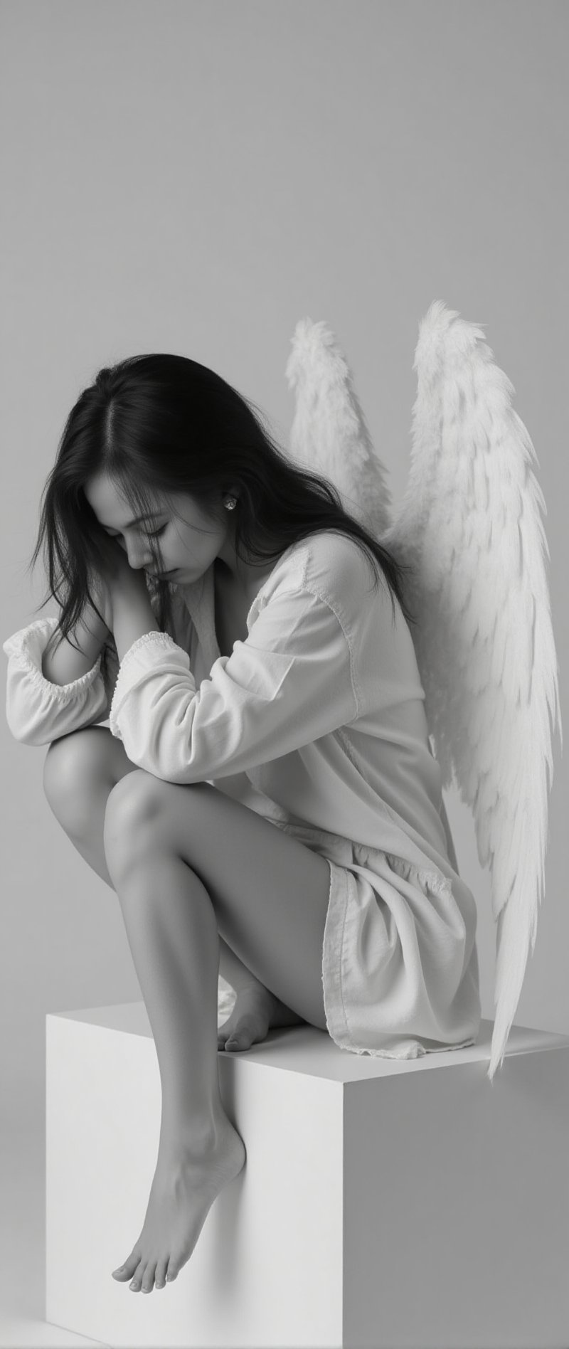 side view,  The monochromatic image showcases a young beautiful asian woman with long dark hair sitting on a white cube. S...