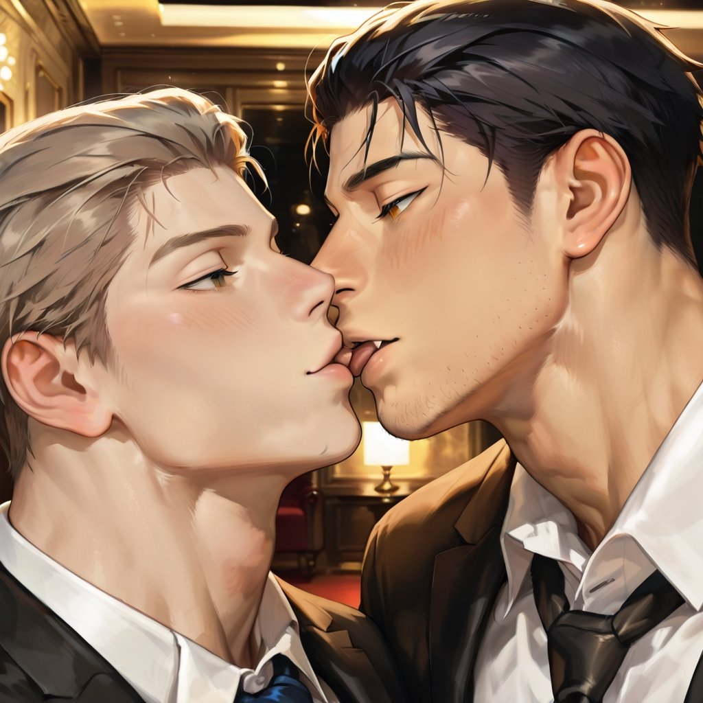 Two adult masculin gay males (over 18) in elegant suits kissing after a formal event. The first masculine gay male is tall...
