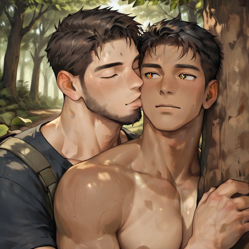 Two adult men (both over 18) kissing in a forest clearing. The first man is tall and rugged,  with a fit outdoorsman’s bod...