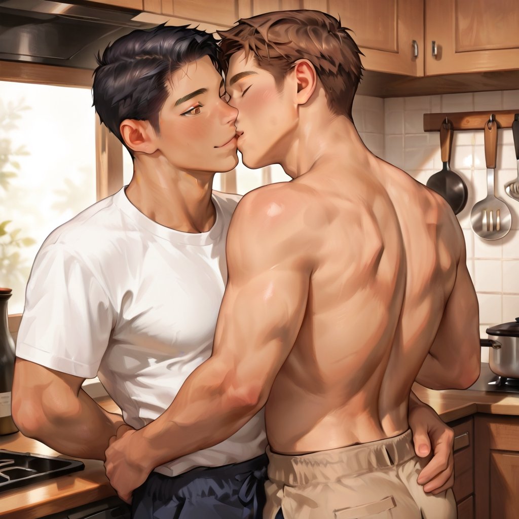 Two adult men (both over 18) kissing in a kitchen. The first man has a sturdy athletic body,  tan skin,  a square face by...