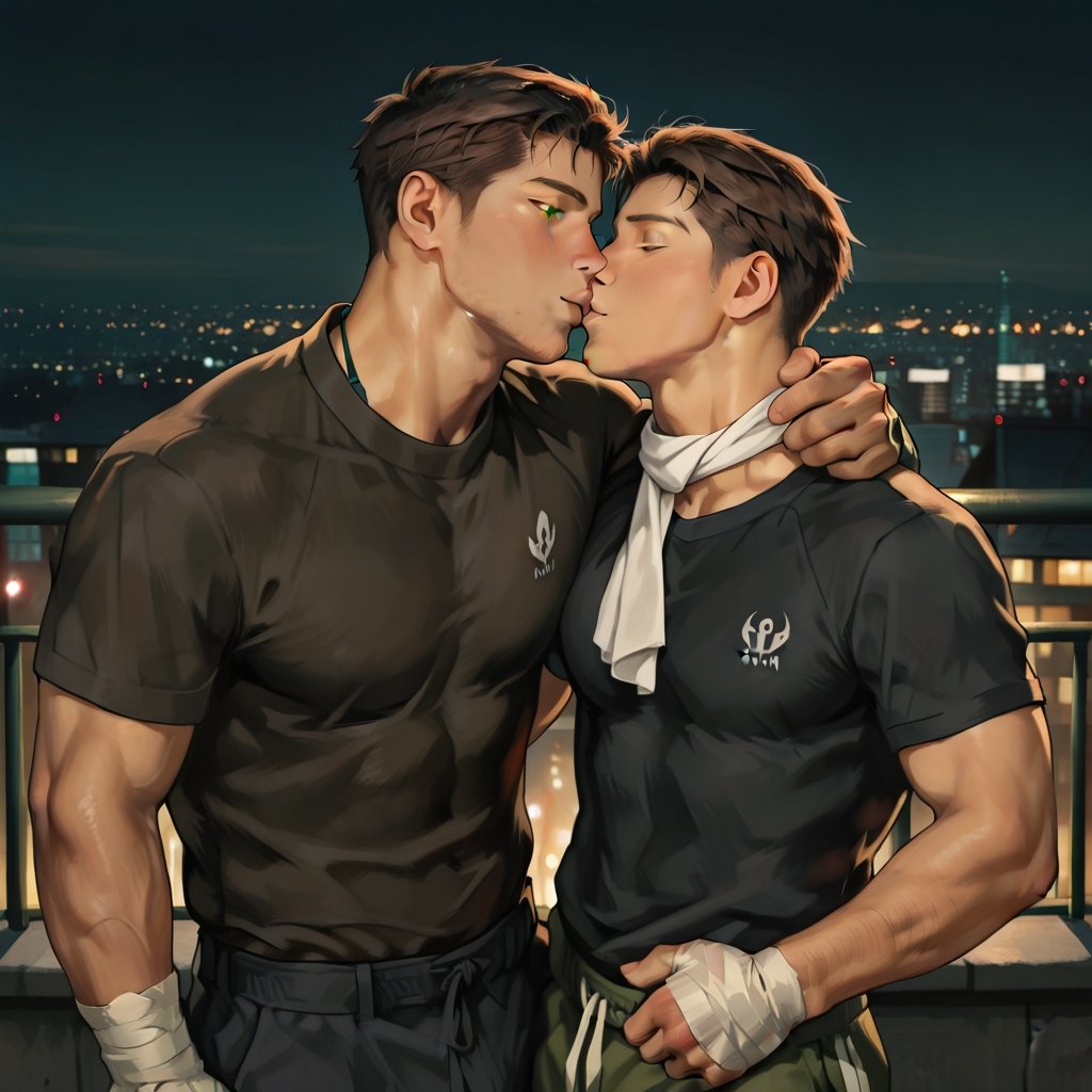 Two adult men (both over 18) kissing on a rooftop at night with city lights behind them. The first man is tall and athleti...