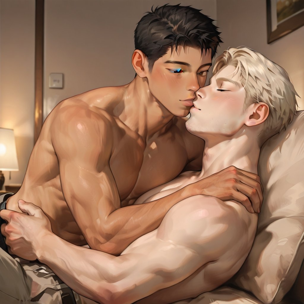 Two adult men (both over 18) kissing on a sofa in a cozy apartment. The first man has a muscular build,  tan skin,  a stro...