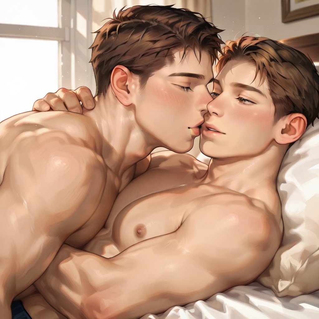 Two adult gay masculine males. Two adult men (clearly over 18) kissing while lying on a bed,  one above the other in a ten...