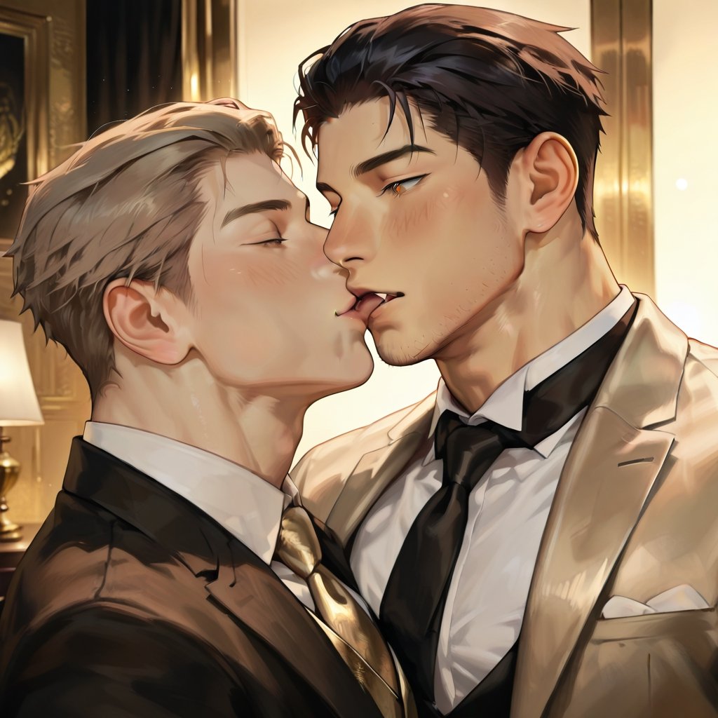 Two adult masculin gay males (over 18) in elegant suits kissing after a formal event. The first masculine gay male is tall...