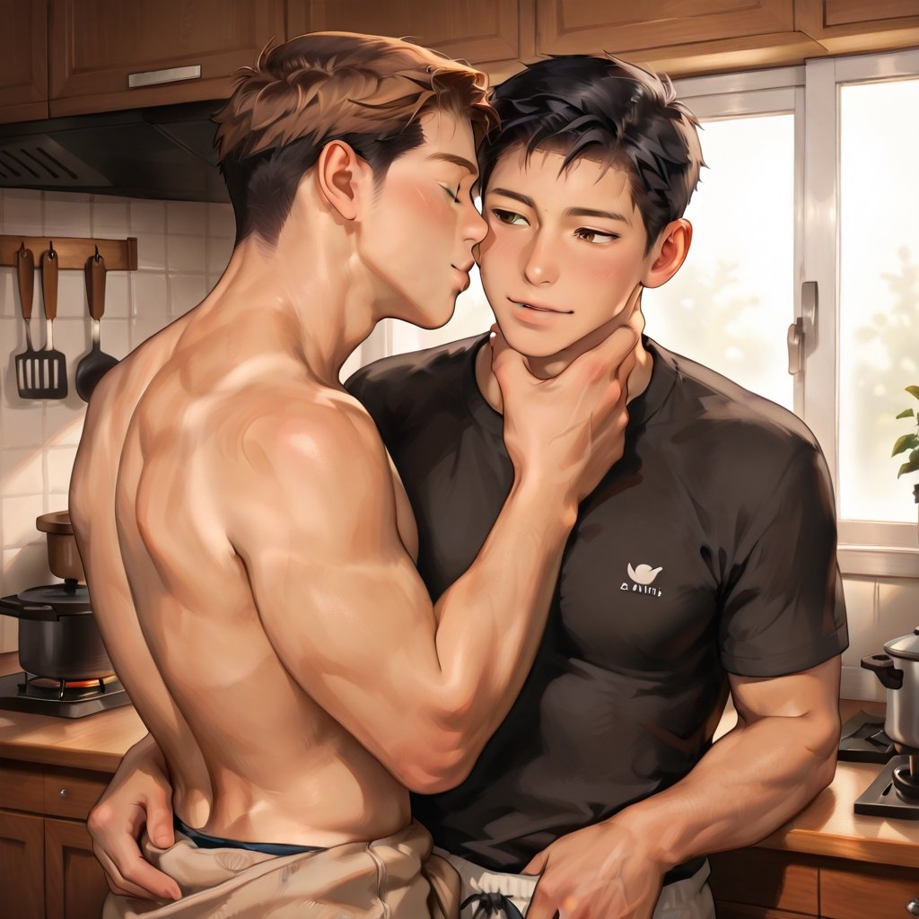 Two adult men (both over 18) kissing in a kitchen. The first man has a sturdy athletic body,  tan skin,  a square face by...