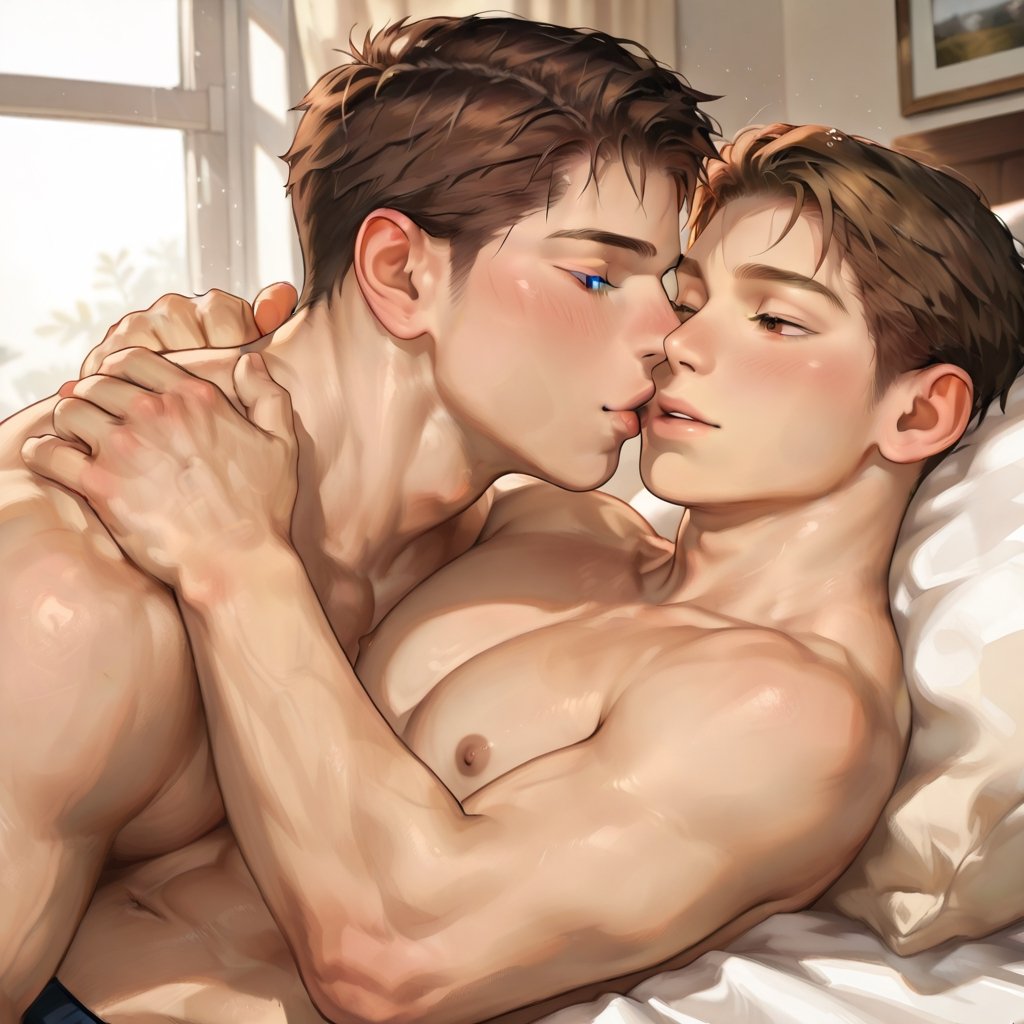 Two adult gay masculine males. Two adult men (clearly over 18) kissing while lying on a bed,  one above the other in a ten...