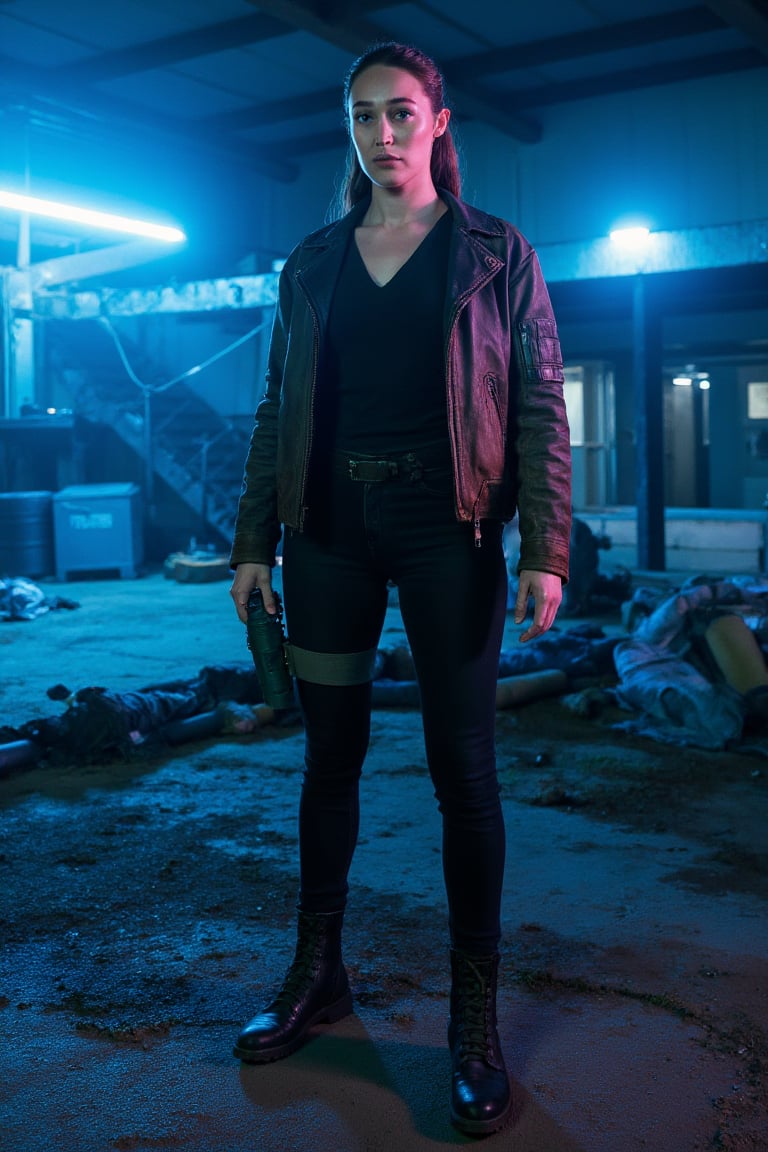 full body,  ((a woman wearing a cyberpunk armored jacket and pants)) in a cyberpunk scenery. Higheels boots,  neon lights....