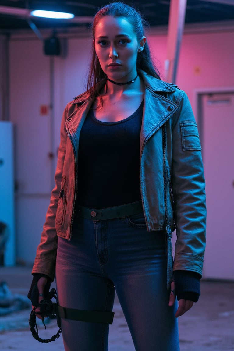 full body,  ((a woman wearing a cyberpunk armored jacket and pants)) in a cyberpunk scenery. Higheels boots,  neon lights....