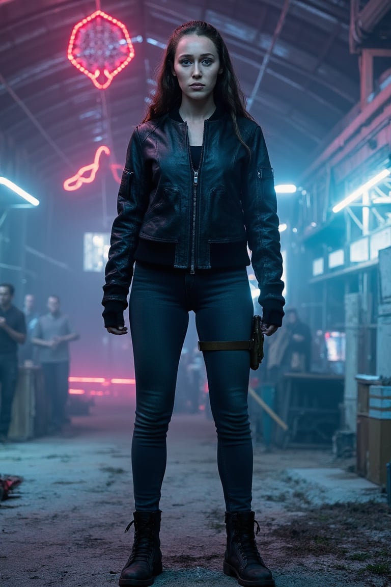 full body,  ((a woman wearing a cyberpunk armored jacket and pants)) in a cyberpunk scenery. Higheels boots,  neon lights....