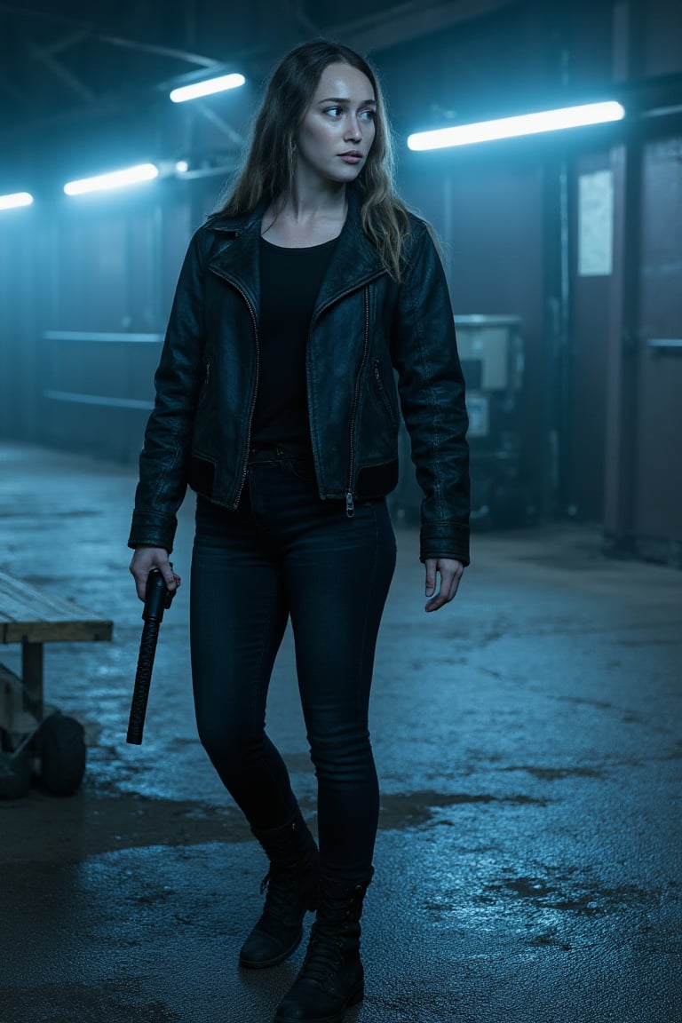 full body,  ((a woman wearing a cyberpunk armored jacket and pants)) in a cyberpunk scenery. Higheels boots,  neon lights....