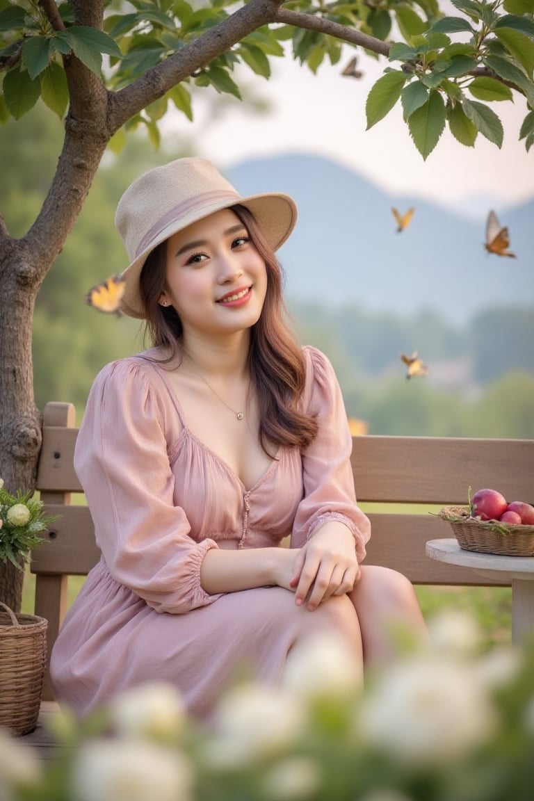 A serene portrait of a cheerful,  graceful woman,  her hair loose and in a vintage transparent dress by Pecinta wanita on...