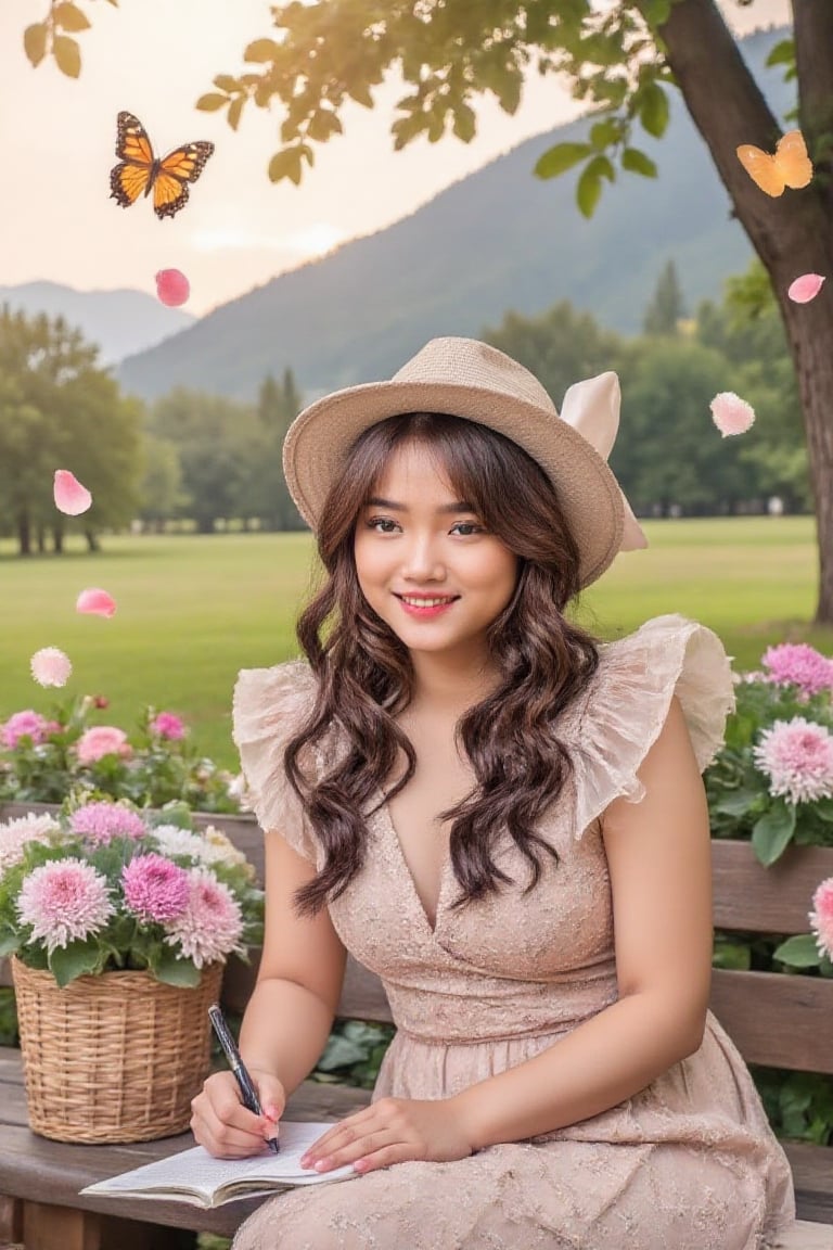A serene portrait of a joyful elegant woman,  flowing hair and vintage outfit,  adorned with a hat tied with ribbon by Pec...