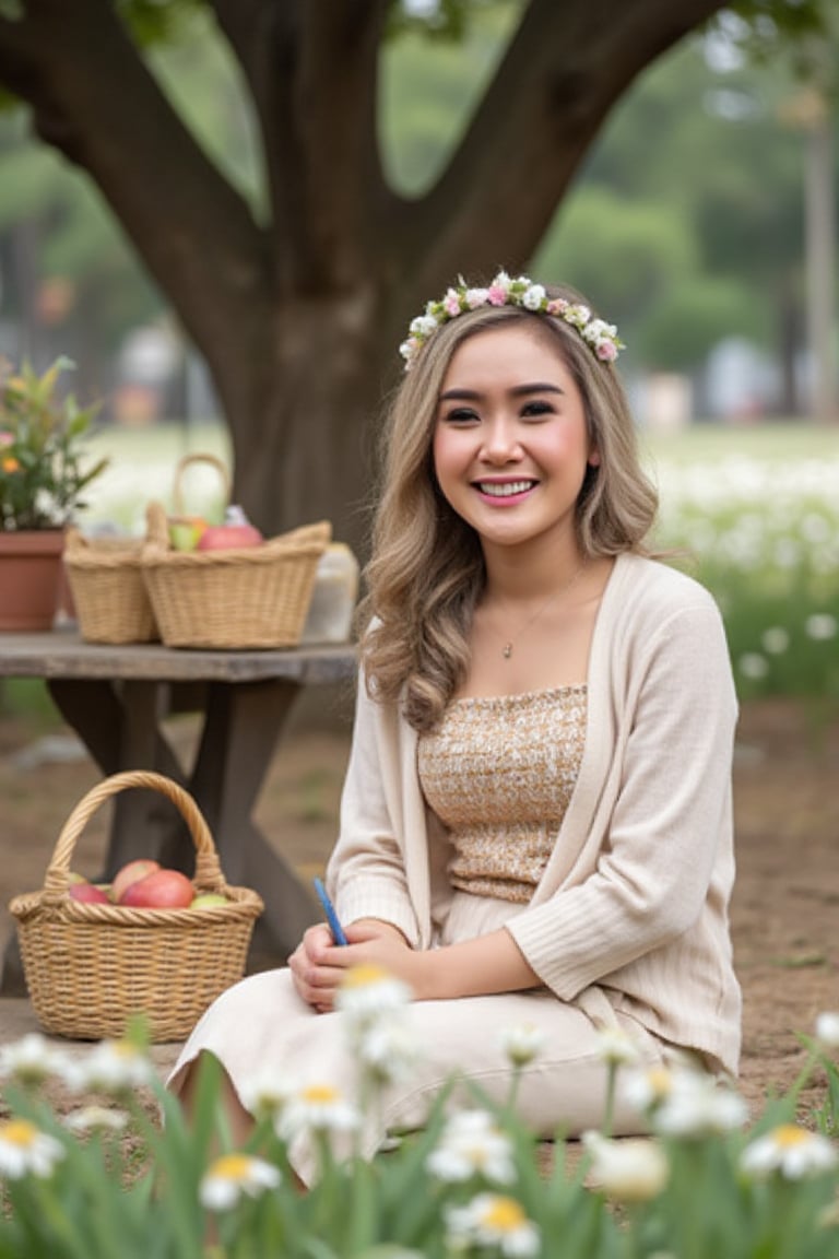 A serene portrait of a cheerful,  graceful woman,  her hair loose and wearing a tube top embroidered with intricate gold t...