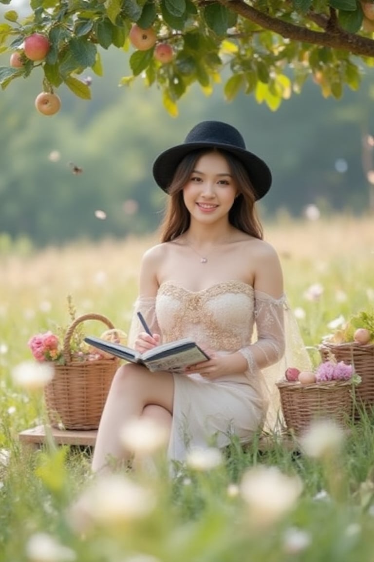 A serene portrait of a cheerful,  graceful woman,  her hair loose and wearing a tube top embroidered with intricate gold t...