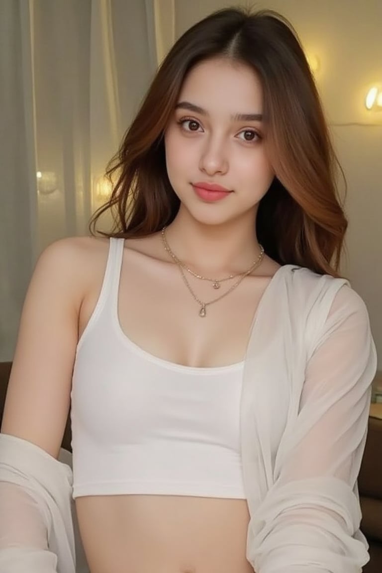 A serene portrait of a cheerful,  graceful woman,  her hair loose and wearing a tube top embroidered with intricate gold t...