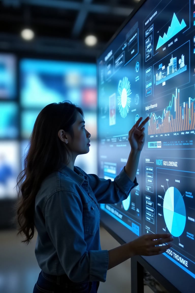 A young woman in a modern data lab,  analyzing massive floating data visualizations projected from her holographic console...