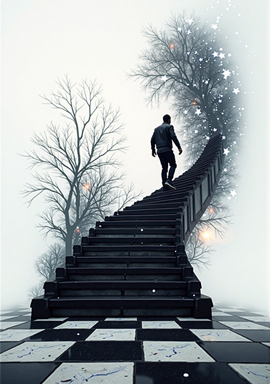 . creative double-exposure digital artwork of A surreal scene of a descending staircase,  checkered floor,  chess texture...
