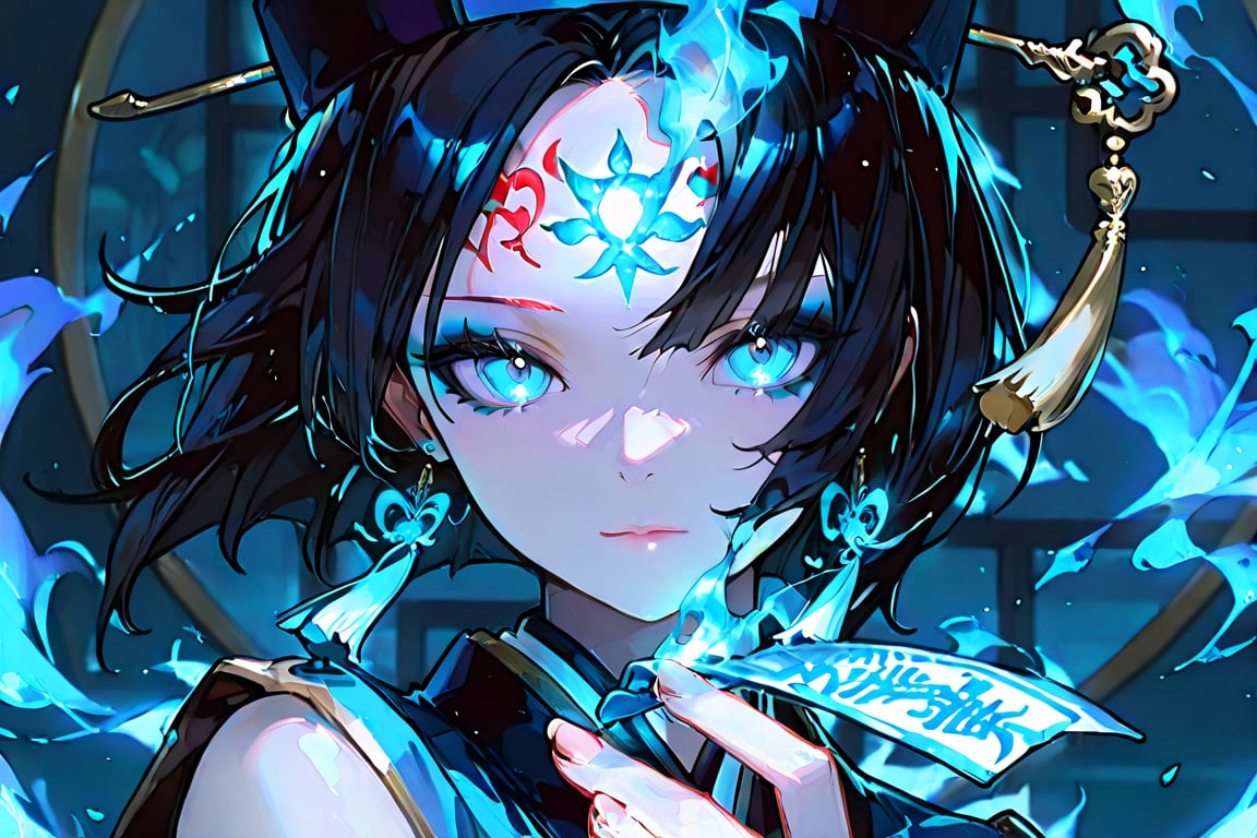 1girl solo looking at viewer blue eyes black hair hat The ofuda in his hand covers a little of his face,  and there is fir...