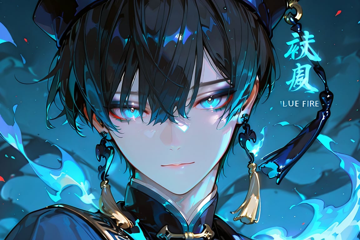 1girl solo looking at viewer blue eyes black hair 1boy hat holding jewelry closed mouth male focus earrings english text m...