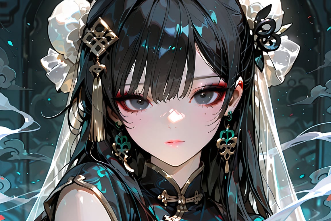 1girl solo long hair looking at viewer black hair hair ornament jewelry upper body earrings black eyes makeup chinese clot...
