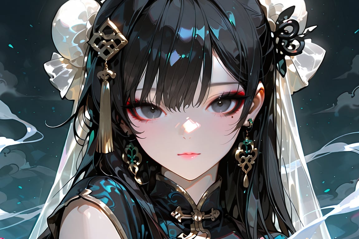 1girl solo long hair looking at viewer black hair hair ornament jewelry upper body earrings black eyes makeup chinese clot...