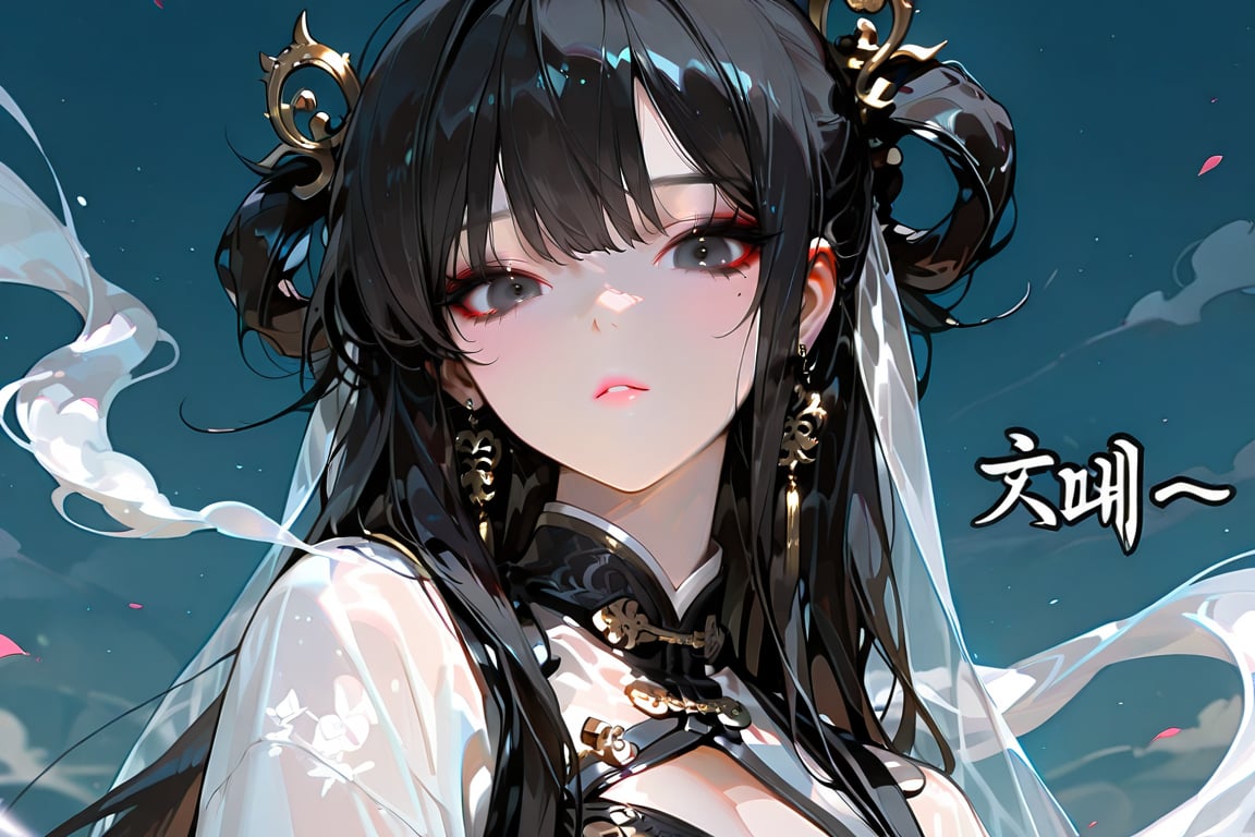 1girl solo long hair looking at viewer black hair hair ornament jewelry upper body earrings black eyes makeup chinese clot...