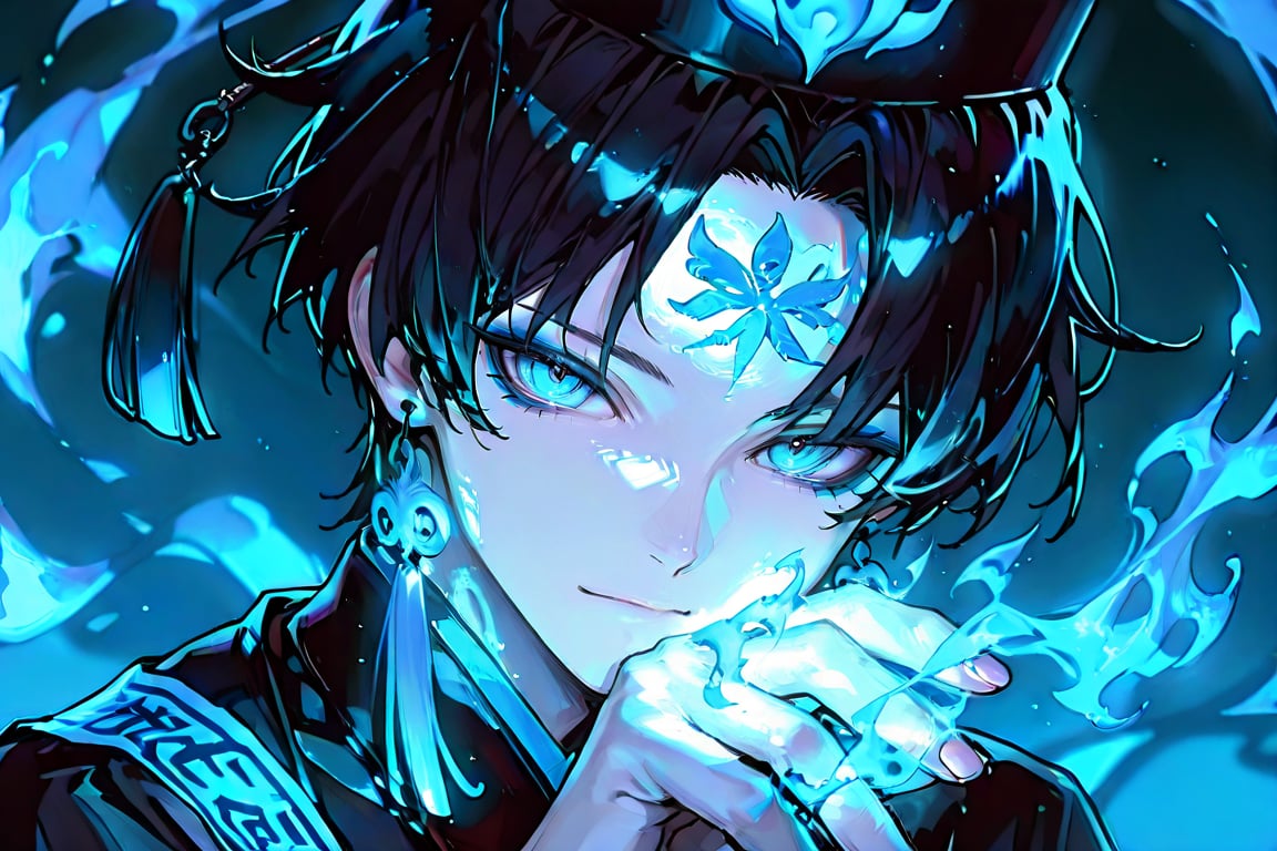 1boy solo looking at viewer blue eyes black hair hat The ofuda in his hand covers a little of his face,  and there is fire...
