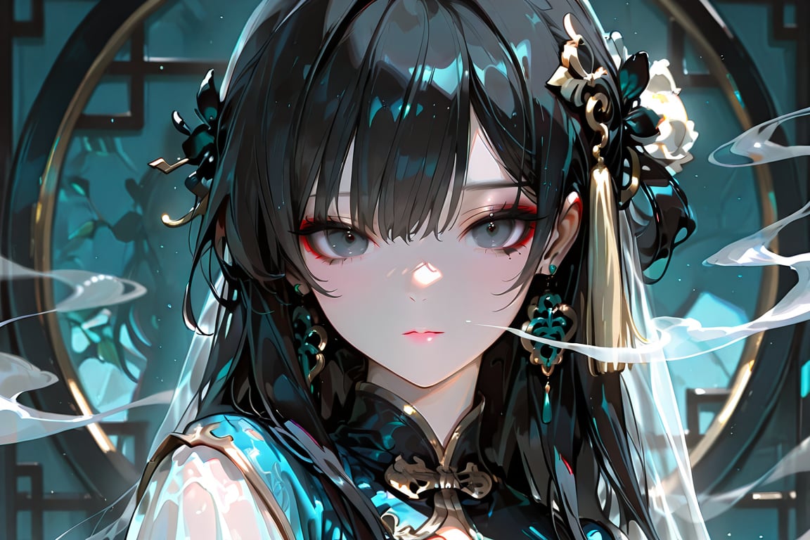 1girl solo long hair looking at viewer black hair hair ornament jewelry upper body earrings black eyes makeup chinese clot...