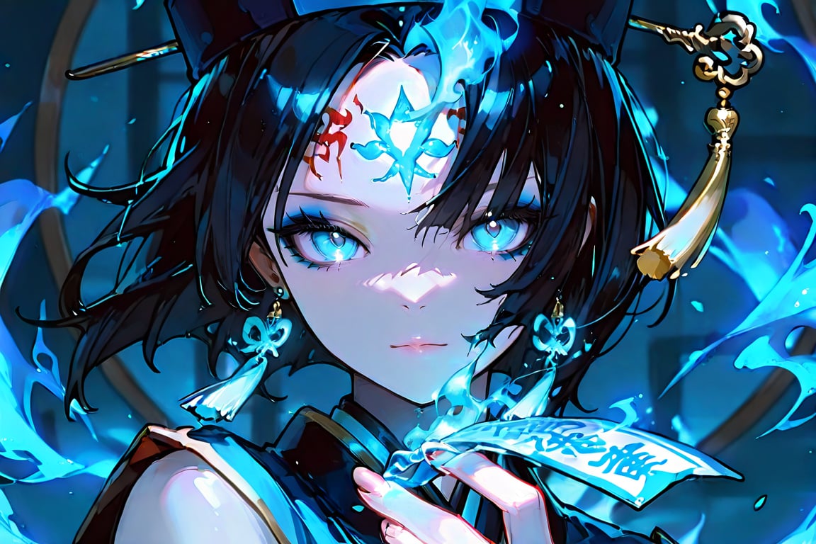 1girl solo looking at viewer blue eyes black hair hat The ofuda in his hand covers a little of his face,  and there is fir...