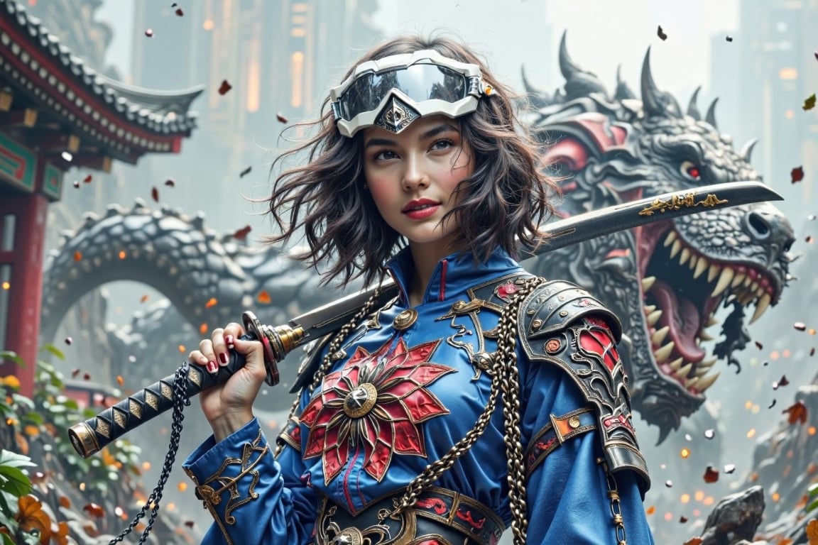 A striking character design featuring a young woman with dark,  shoulder-length hair,  adorned with white visors helmet. S...