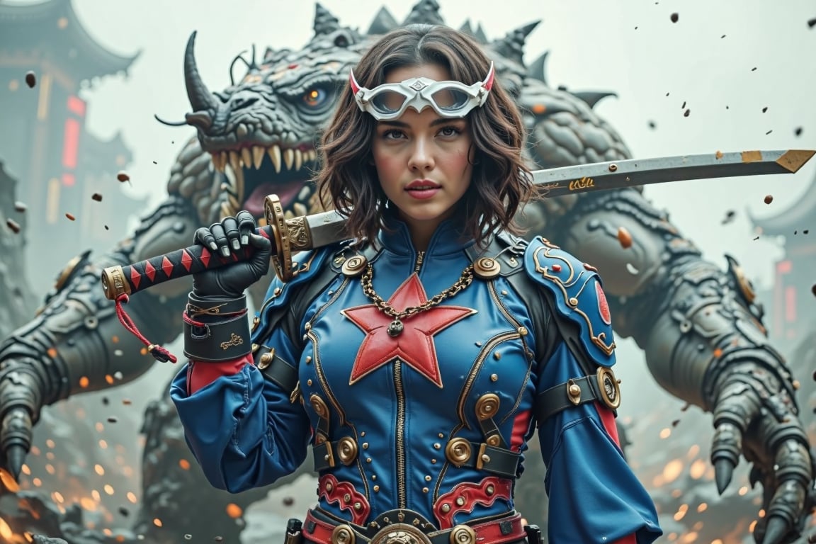 A striking character design featuring a young woman with dark,  shoulder-length hair,  adorned with white visors helmet. S...