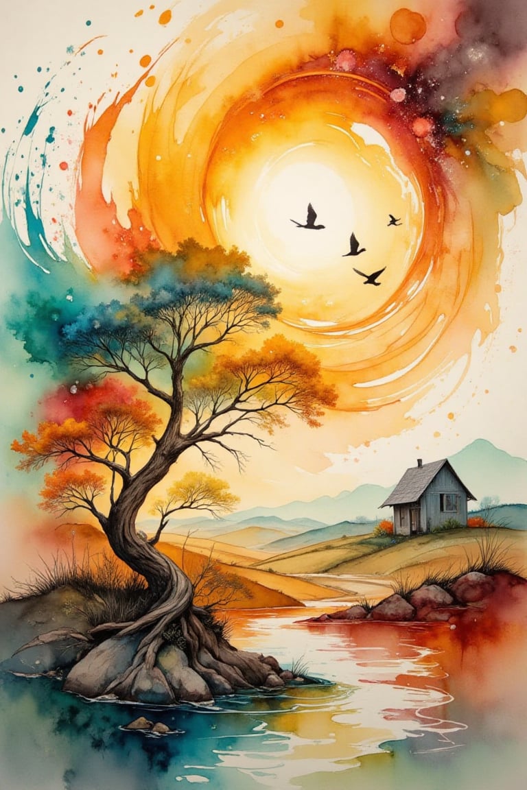 A glowing sunburst emerges from a swirling cascade of golden and amber hues,  seamlessly blending into the organic forms o...