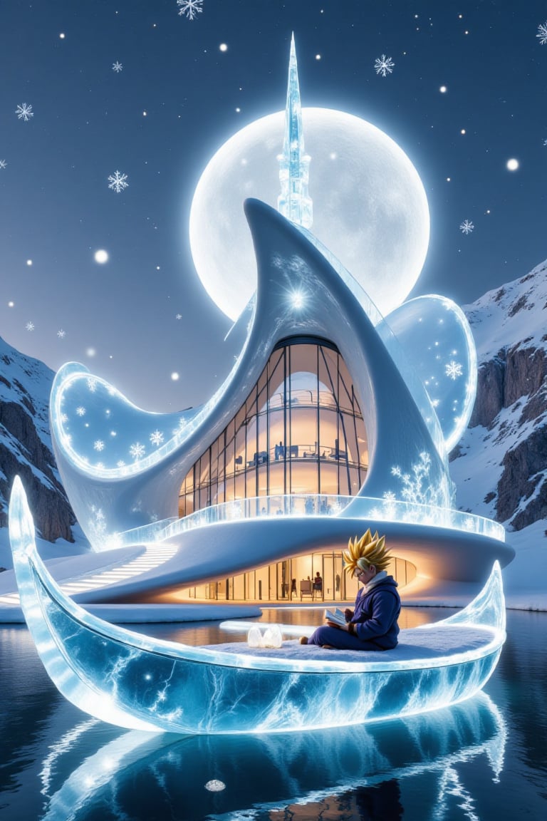 Snowflakes and ice crystals form a modern house with beautiful blue lights. and snowflakes and ice crystals form a translu...