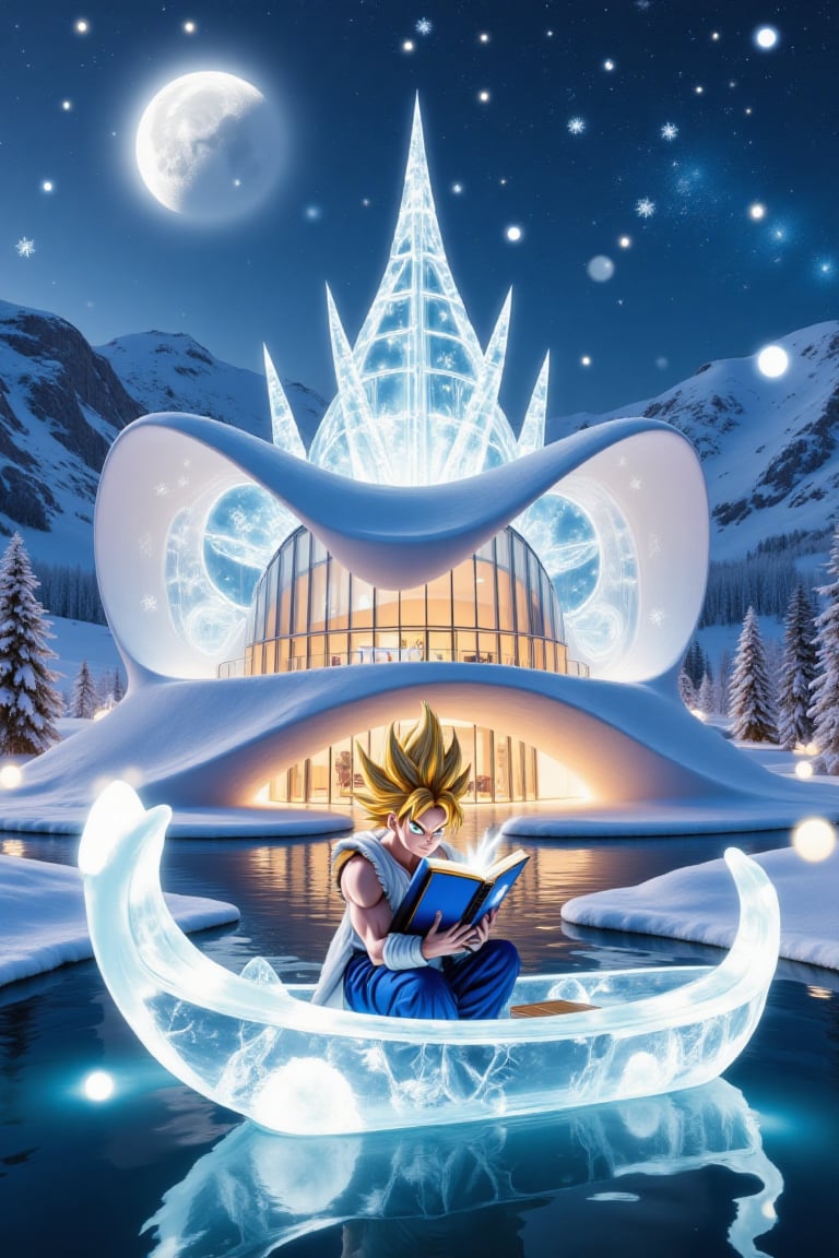 Snowflakes and ice crystals form a modern house with beautiful blue lights. and snowflakes and ice crystals form a translu...
