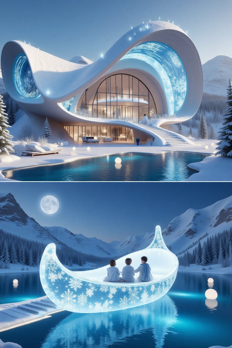 There are two perspective pictures on top and bottom,  one is Snowflakes and ice crystals form a modern house design of pe...