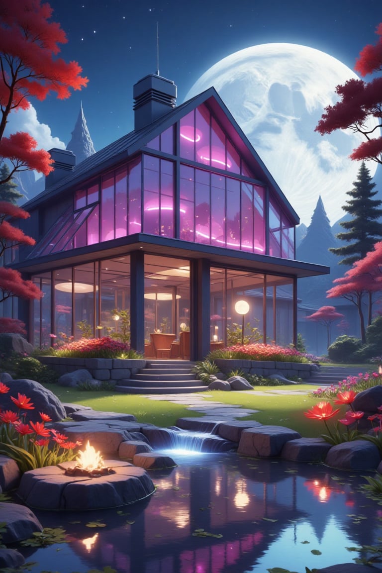 a modern greenhouse with beautiful purple lights,  beautiful landscape,  a spaceship by Smallgrass 998 on Tensor.Art