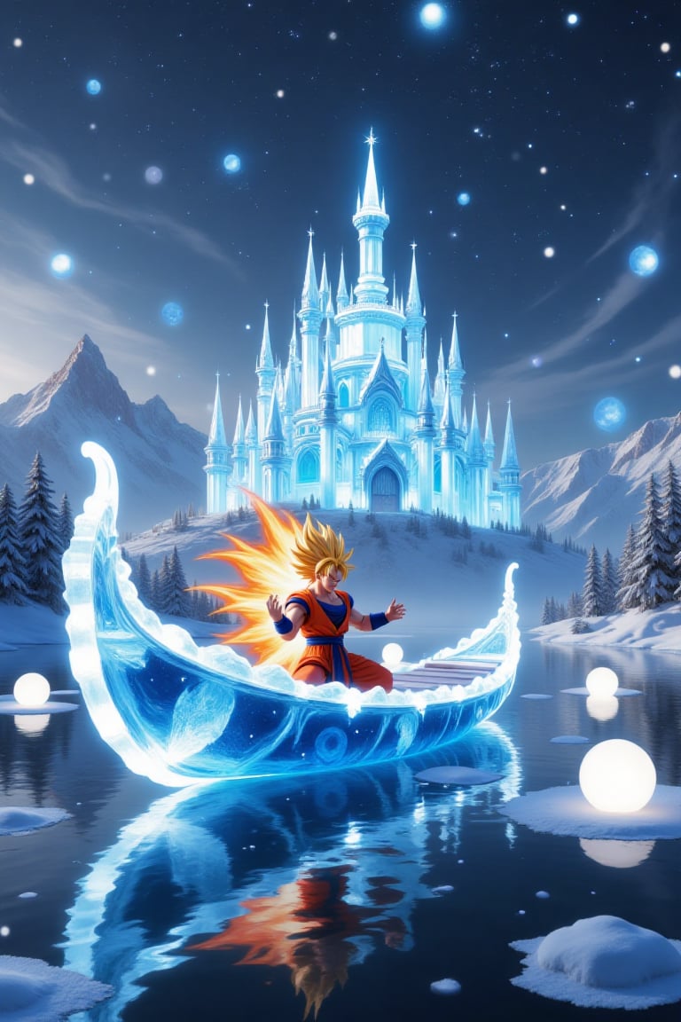 a translucent ice palace with beautiful blue lights,  in a beautiful landscape,  Snowflakes and ice crystals form a transl...