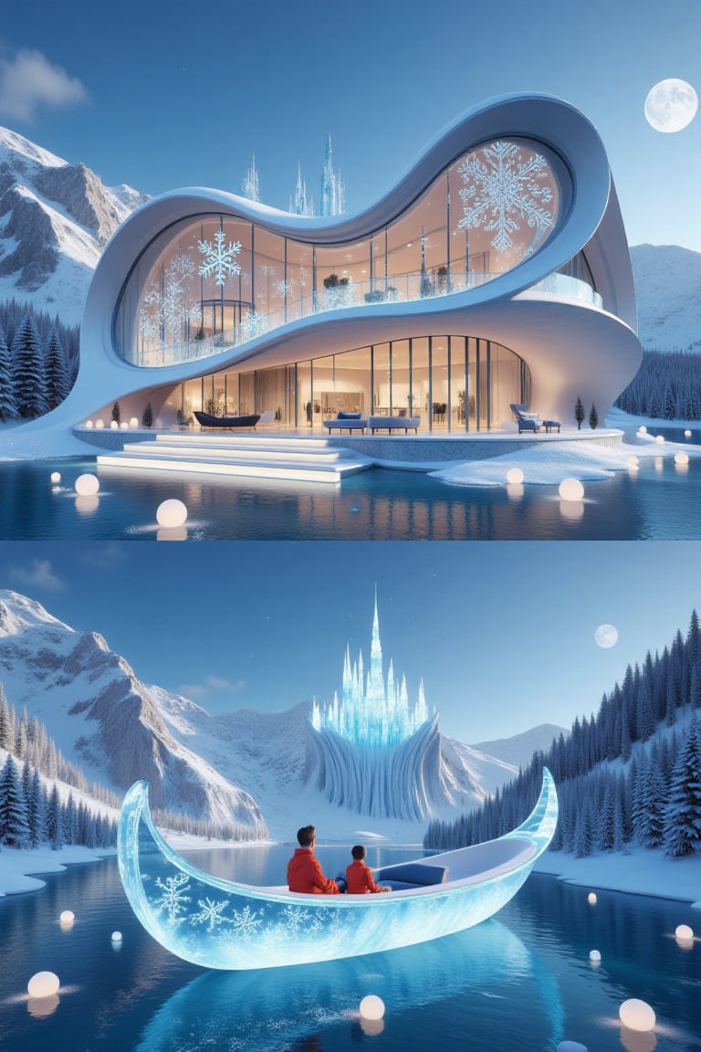 There are two perspective pictures on top and bottom,  one is Snowflakes and ice crystals form a modern house design of pe...