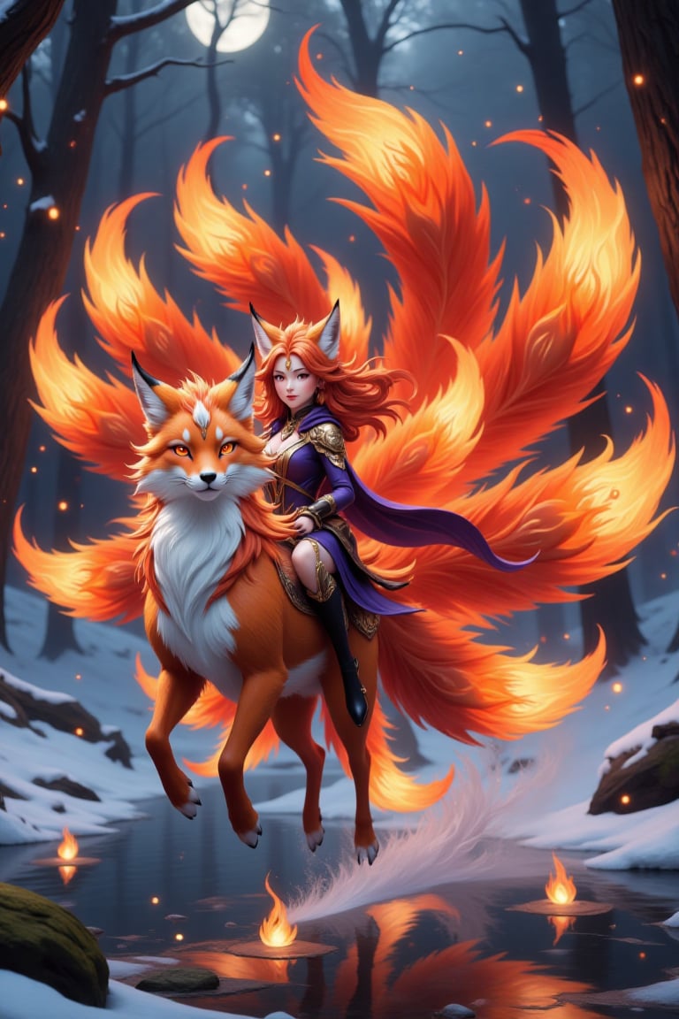 1girl ride a fire fox on air up the frozen lake,  front.1girl is smiling at the camera,  a detailed face by Smallgrass 998...