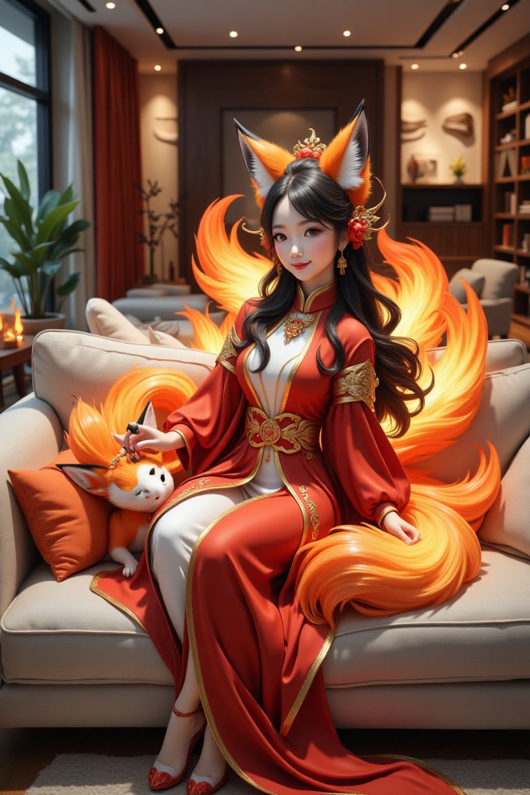 1girl sits on the big sofa and plays with a pet,  a fire fox in a big living room,  interior design by Smallgrass 998 on T...