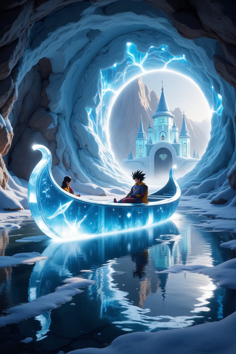 a translucent ice palace with beautiful blue lights,  in a beautiful landscape,  Snowflakes and ice crystals form a transl...