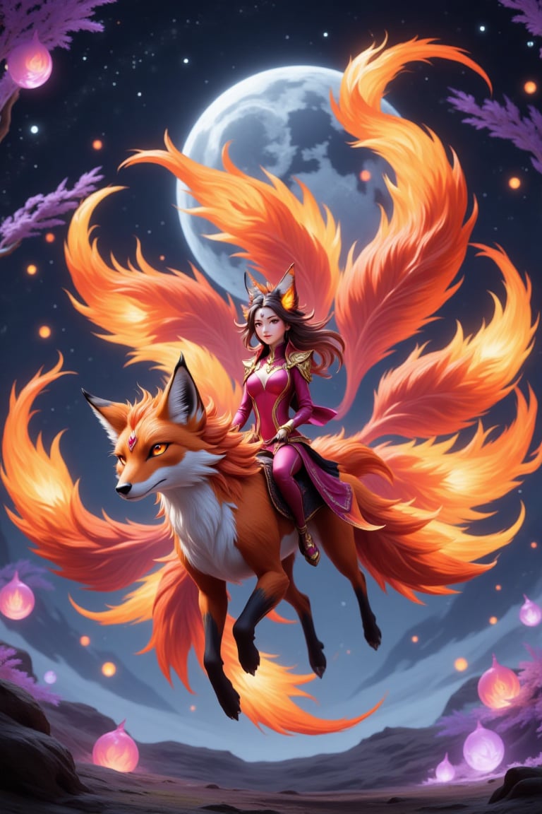 1girl ride a fire fox on air up the frozen lake. 1girl is smiling at the camera,  with a detailed face,  a very detailed b...