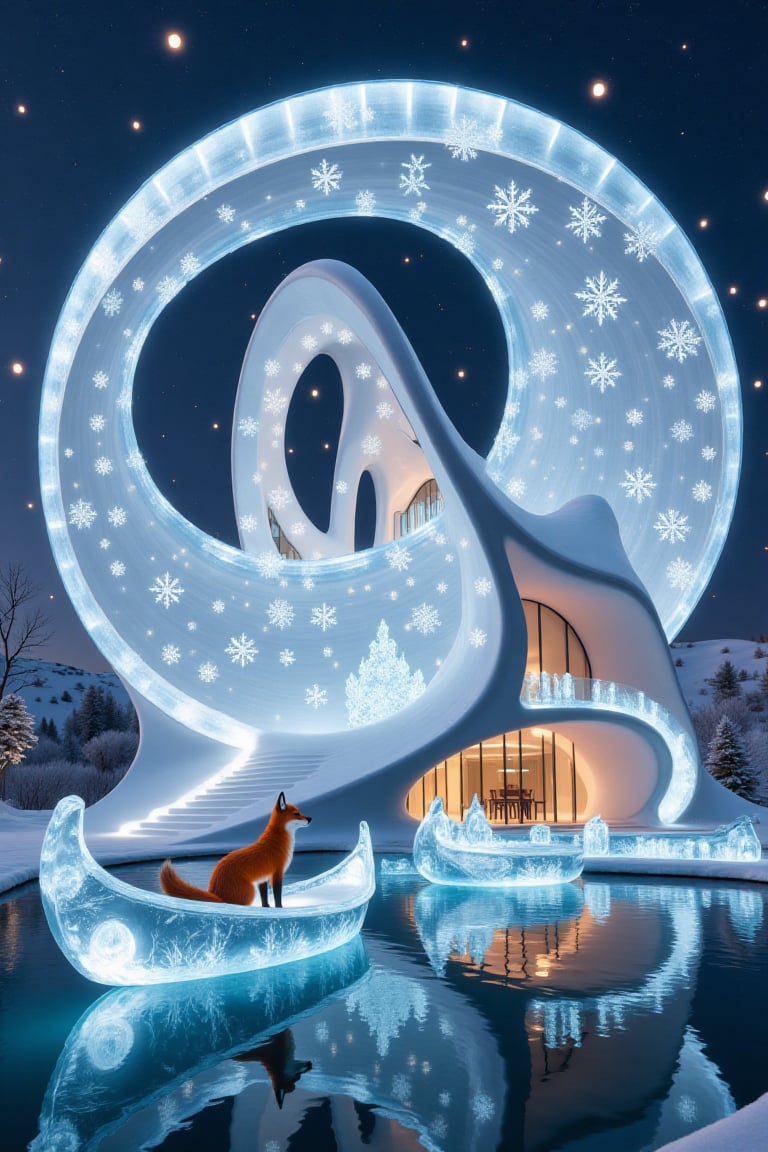Snowflakes and ice crystals form a modern house with beautiful blue lights. and snowflakes and ice crystals form a translu...