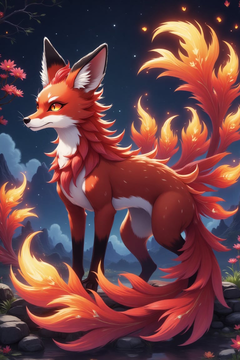 a fire fox,  The majestic nine-tailed fire fox has a slender and agile body,  orange and red fur by Smallgrass 998 on Tens...