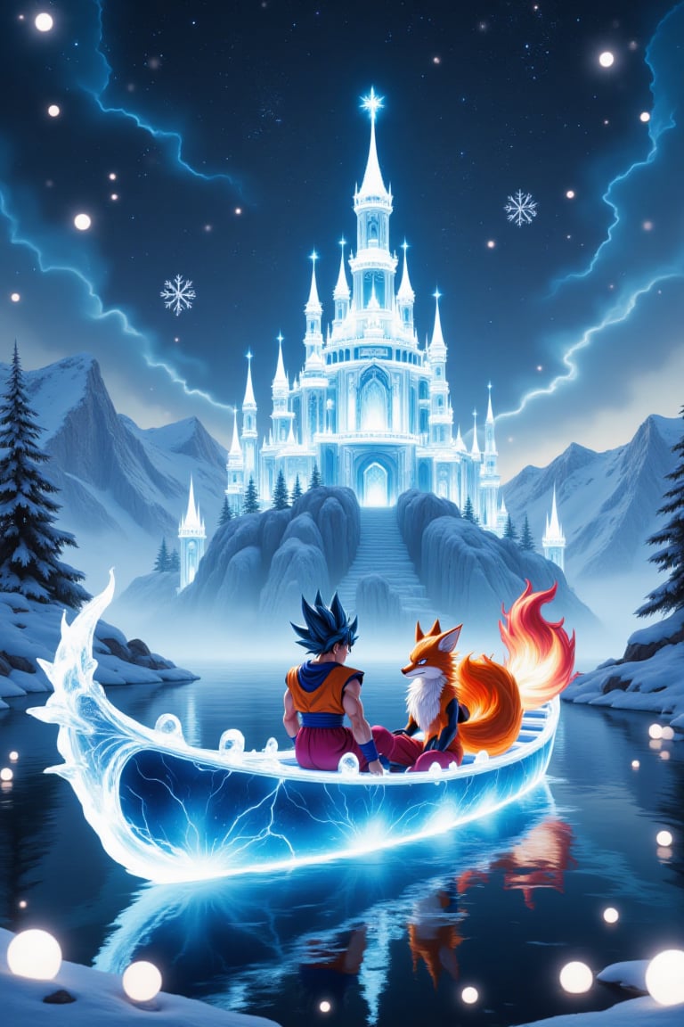 a translucent ice palace with beautiful blue lights,  in a beautiful landscape,  Snowflakes and ice crystals form a transl...