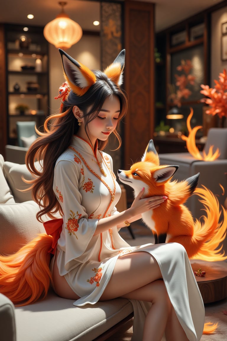 1girl sits on the big sofa and plays with a pet,  a fire fox in a big living room,  interior design by Smallgrass 998 on T...