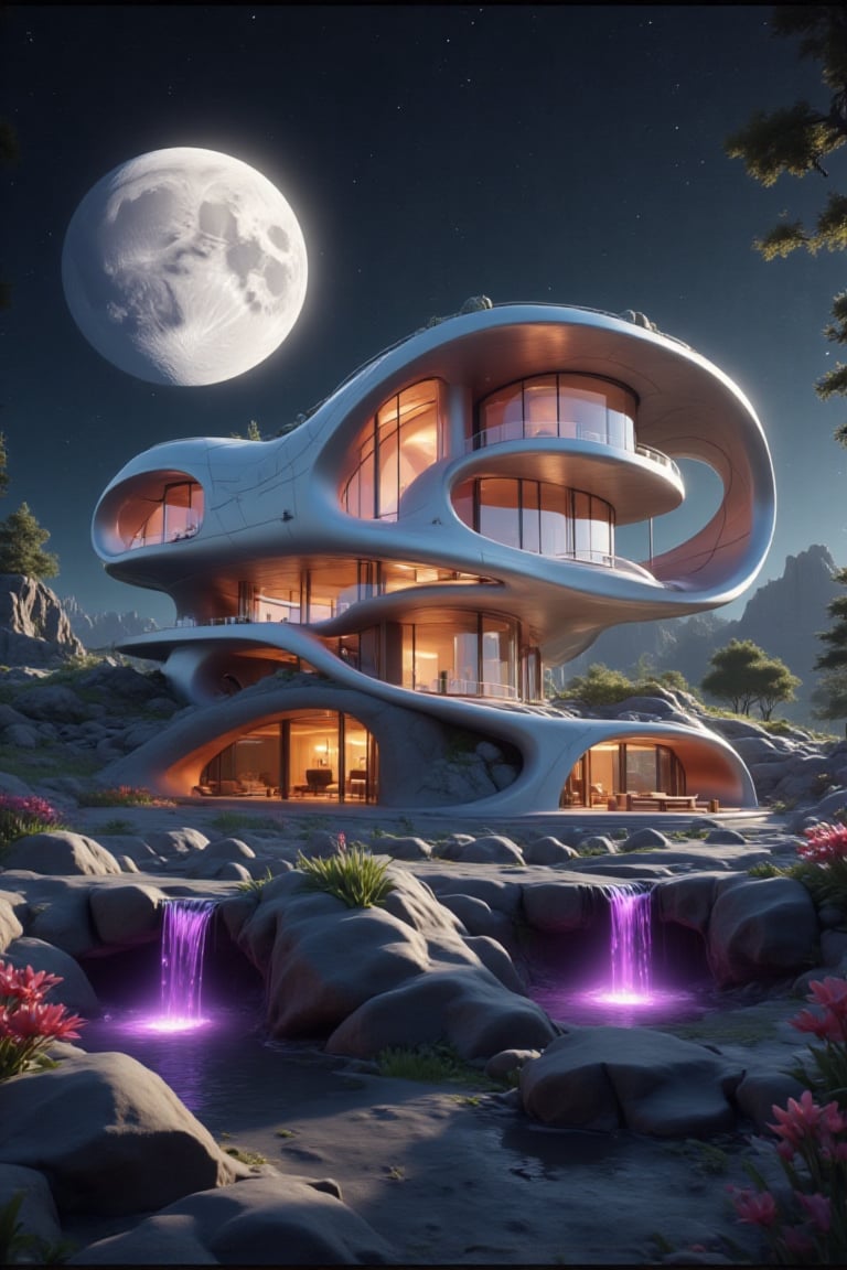 a modern house like a spaceship with beautiful purple lights,  in a beautiful landscape,  at a beautiful moon night by Sma...